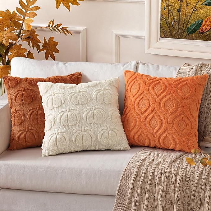 decorUhome Faux Fur Plush Soft Orange Throw Pillow Covers 12x20 Set of 2 | Plush Solid Fall Couch Pillow Covers, Accent Modern Farmhouse Neutral Decorative Square Pillow Cases for Sofa Bed Living Room