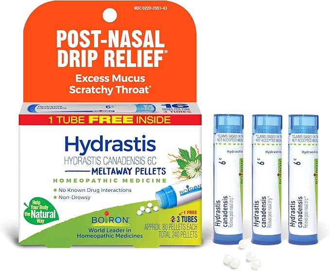 Boiron Hydrastis Canadensis 6C Homeopathic Medicine for Post-Nasal Drip Relief, Excess Mucus, Scratchy Throat - 3 Count (240 Pellets)