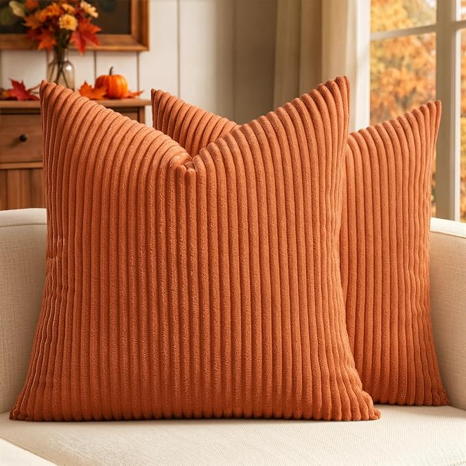 MIULEE Fall Decorative Corduroy Throw Pillow Covers Set of 2 18x18 Orange | Soft Striped Textured Cushion Cases, Boho Energetic Vibe Pillowcases for Home Decor, for Couch Chair Sofa Bed Living Room