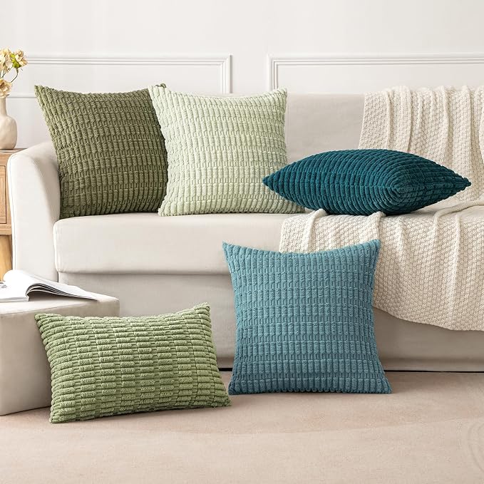 MIULEE Corduroy Decorative Throw Pillow Covers 20x20 Coastal Blue Pack of 2 | Soft Boho Striped Pillow Covers Modern Farmhouse Home Decor For Sofa Living Room Couch Bed
