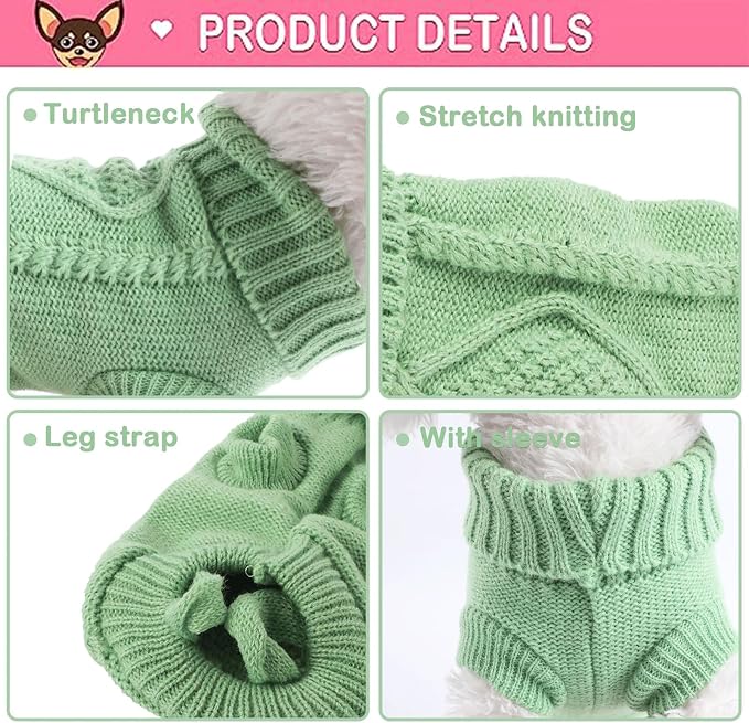 2 Pack Turtleneck Puppy Sweaters Knitted Dog Sweaters for Small Dogs Girl Boy Teacup and Cats Thick Warm Pet Clothes Doggie Apparel Outfits (Green Pink, XS)