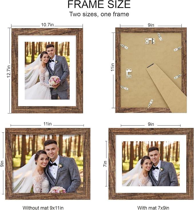 Hongkee 9x11 Picture Frame Set of 4, Made of Real Glass and Rustic Brown Frame - Display Picture 7x9 with Mat or 9x11 Without Mat, 9 by 11 Photo for Wall or Tabletop