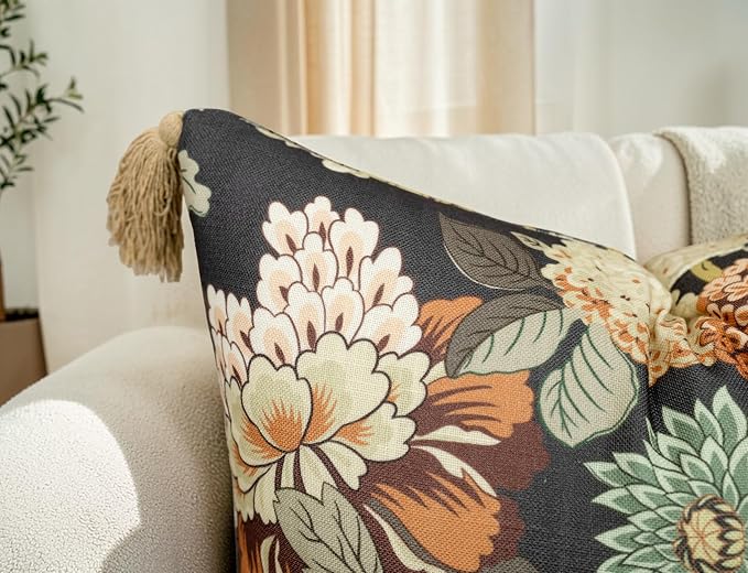 Chinoiserie Peony Floral 20x20 Throw Pillow Cover, Charcoal | Cream and rust peony floral on charcoal slub, tan tassel corners; both sides printed; hi; cover only