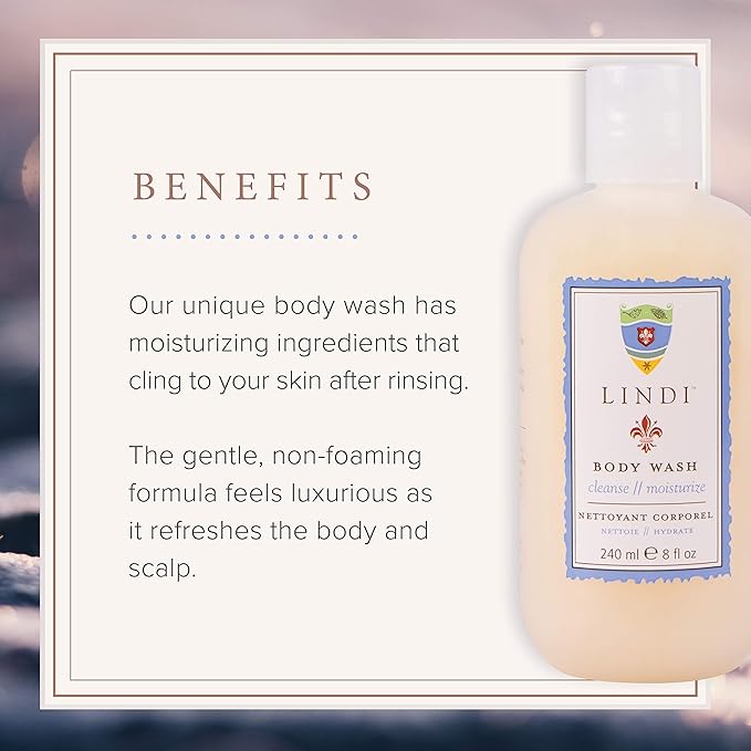Lindi Skin Body Wash for Dry, Itchy & Sensitive Skin - Gentle, Non-Foaming Formula That Hydrates and Refreshes Your Body and Scalp - Relieves Painful Effects of Radiation Burn & Chemo Rash (8 fl oz)