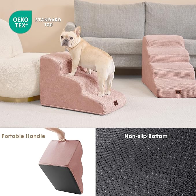 EHEYCIGA Curved Dog Stairs Ramp, 3-Step Dog Steps, 15.7" H Pet Step | 33D density of pure foam, for Small Dogs and Cats, Pet Stairs for High Bed Climbing, Non-Slip Balanced Indoor, Dusty Pink