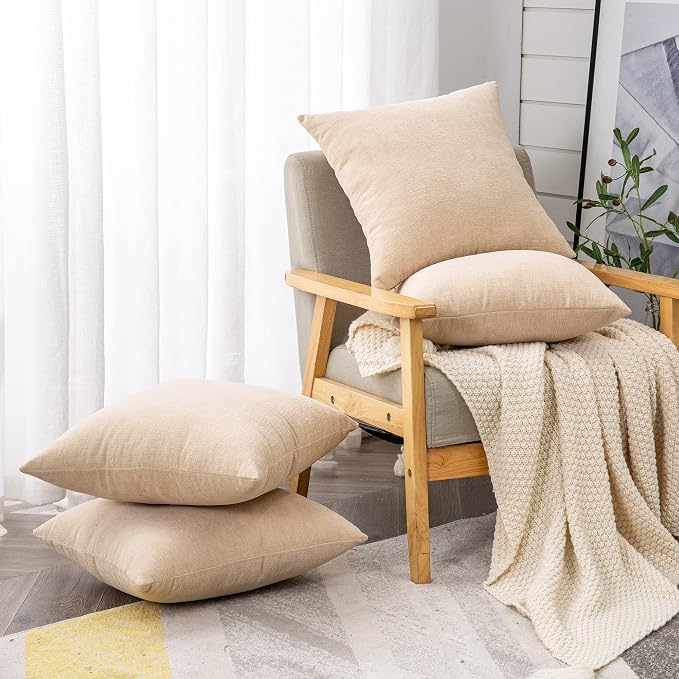 GAWAMAY Decorative Couch Throw Pillow Covers 18x18 Inch Set of 4 Beige | Soft Chenille Farmhouse Style, Hidden Zipper, Neutral Cushion Pillowcases for Sofa Living Room Bed, Only Covers