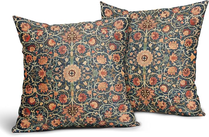 Vintage Floral Pillow Covers 18X18 Inch Set of 2 Burnt Orange Flowers Botanical Decorative Square Pillow Cases Navy Blue Art Cushion Case Farmhouse Home Decor for Sofa Couch Bedroom Outdoor
