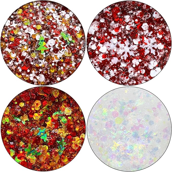 Christmas Body Glitter Gel SUPGIFT 4 Colors 8.5oz Holographic Chunky Mermaid Iridescent Laser Liquid Star Flower Leaf Sequins for Makeup Face Eyeshadow Hair with Spoon