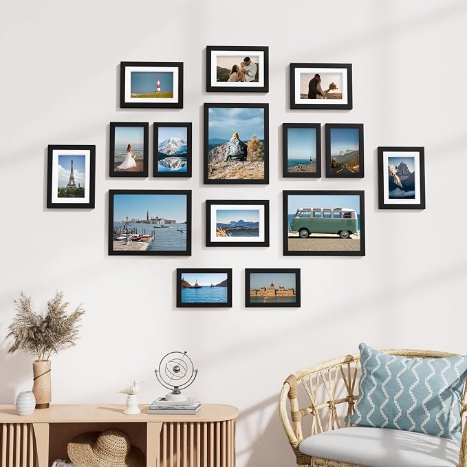 Vittanly 15 Pack Picture Frames Collage Wall Decor, Wall/Tabletop Display | Black, Multi-Size Gallery Wall Frame Set: 3pcs 8x10, 6pcs 5x7, 6pcs 4x6. Picture Frame Set for Family