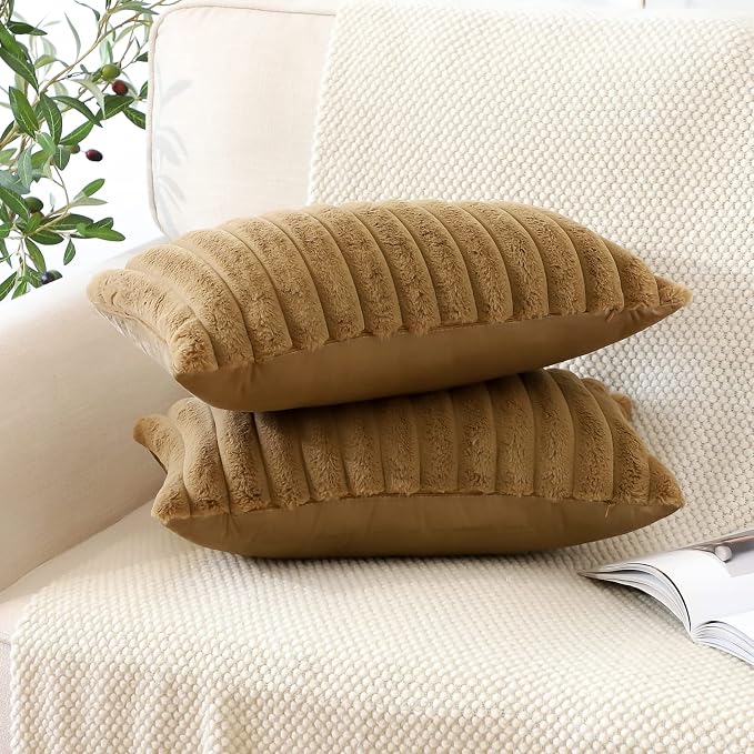 Soleebee Set of 2 Throw Pillow Covers Soft Cozy Velvet Pillowcase Faux Rabbit Fur Cover for Couch Sofa Bed Chair Home Decorative Pillows Cover (12x20 Inch, Light Brown)