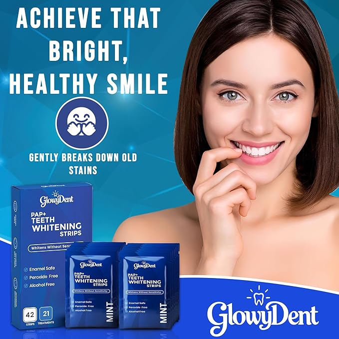 GlowyDent Teeth Whitening Strips – 21 Treatment (42 Strips), Pap+ Enamel-Safe Whitening Technology, Peroxide-Free for Sensitive Teeth
