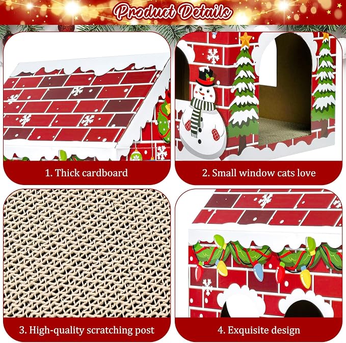 Cinrobiye Christmas Cardboard Cat House with Scratcher Pet Gingerbread Board Bed Cave Playhouse Hideaway Hideout Condo Decor Small Animals Scratch Box for Indoor Cats Kittens Rabbits Bunny (Red, 1)