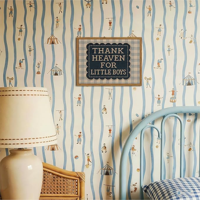 Framed Thank Heaven for Little Boys Wall Art, Baby Boy Nursery Wall Decor, Vintage Blue Gingham Inspirational Quote Paintings Canvas Prints Pictures for Toddler Kids Bedroom 12x16 inch