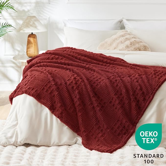 EXQ Home Fleece Throw Blanket for Couch or Bed - 3D Waffle Patchwork Pattern Jacquard Decorative Blankets - Cozy Soft Lightweight Fuzzy Flannel Blanket Suitable for All Seasons(50"×60",Red)