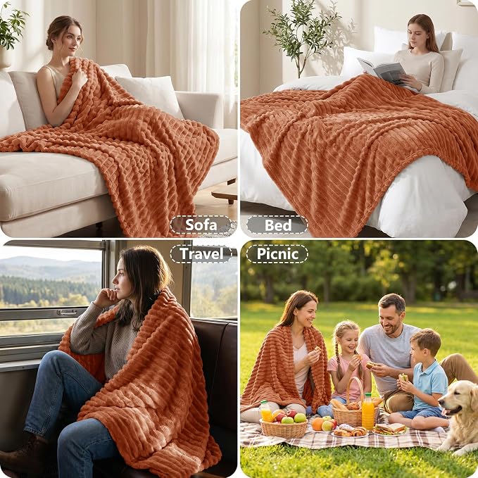 Burnt Orange Throw Blanket for Couch & Bed, 50 x 60 Inch | 300GSM Ribbed Fleece Blanket, Soft, Cozy & Lightweight, OEKO-TEX Certified, All-Season Use for Travel, Dorm & Home Decor