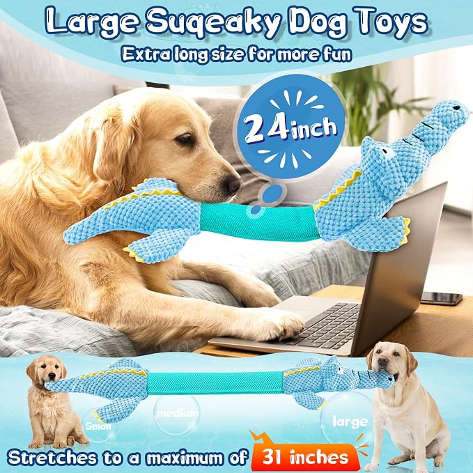 WOWBALA Interactive Tug of War Dog Toys for Small to Large Breeds-Squeaky Plush Puppy Toys with Crinkle Paper, Stuffed Chew Dog Toys to Keep Them Busy, Training Reward Gift (Blue)
