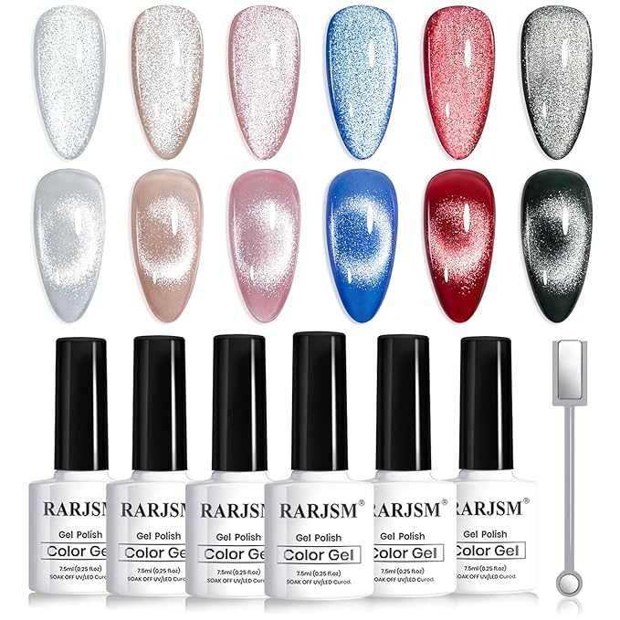 RARJSM Diamond Glitter Cat Eye Gel Polish Set 6 Pcs Sparkle Black Silver Red Blue Brown Nude Color Velvet Ice Jelly Glass Milky Way Cateye Gelpolish with Magnet Stick Curing Requires Home Manicure