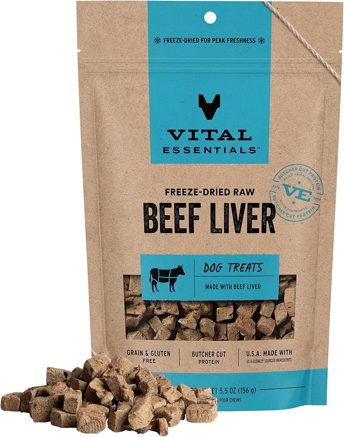 Vital Essentials Freeze Dried Dog Treats, Beef Liver, 5.5 oz Bag | Single Ingredient, Premium Quality, Grain Free Training Treats, USA Made with U.S. & Globally Sourced Ingredients