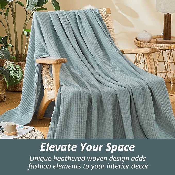 EMME Cotton Muslin Queen Blanket Bed Layering Bedspread Coverlet Breathable Gauze Soft Lightweight (Heather Teal, 90"x90")