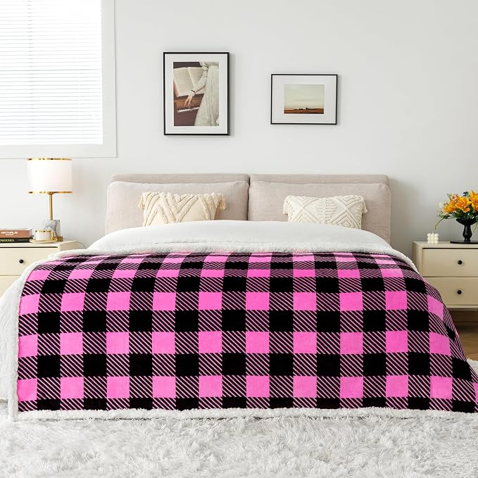 Sherpa Plaid Twin Blanket 60" X 70", Fuzzy Fluffy Soft Cozy Throw Blanket, Twin Size Plush Fleece Flannel Plush Microfiber Blanket for Couch Bed Sofa (Rosepink)