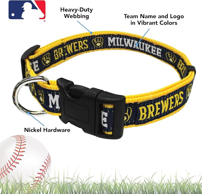 MLB Milwaukee Brewers Licensed PET COLLAR- Heavy-Duty, Strong, and Durable Dog Collar. Available in 29 Baseball Teams and 4 Sizes