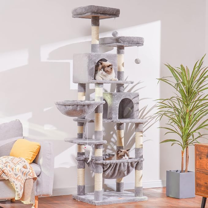Heybly Cat Tree, 70 inches Tall Cat Tower for Indoor Large Cats HCT032W | Big Cat Condo with Toy , Cat House Furniture with Padded Plush Perch, Cozy Hammock and Sisal Scratching Posts, Light Gray
