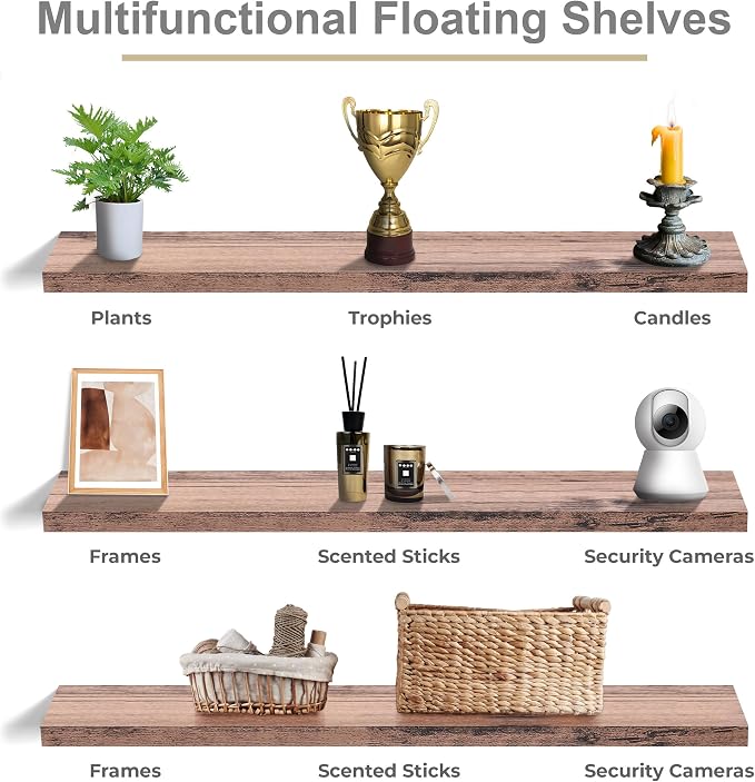 Sorbus Floating Shelves for Wall - 55 Inch Extra-Long Bathroom Shelves, Wall Decor for Bedroom, Kitchen, Living Room, Book Storage - Mounted Floating Shelf with Hidden Brackets (Mahogany, 3 Pack)
