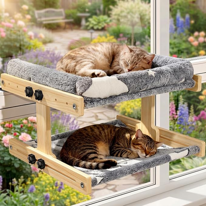 Cat Window Perch, Glow in The Dark Cordless Pet Hammock Bed for Window | Double Layer Cat Window Perch, Adjustable Wooden Window Cats Bed, Removable Cover, Indoor Cats Window Sill Cat Bed
