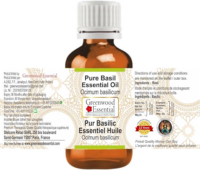 Greenwood Essential Pure Basil Essential Oil (Ocimum basilicum) Steam Distilled 30ml (1 oz)