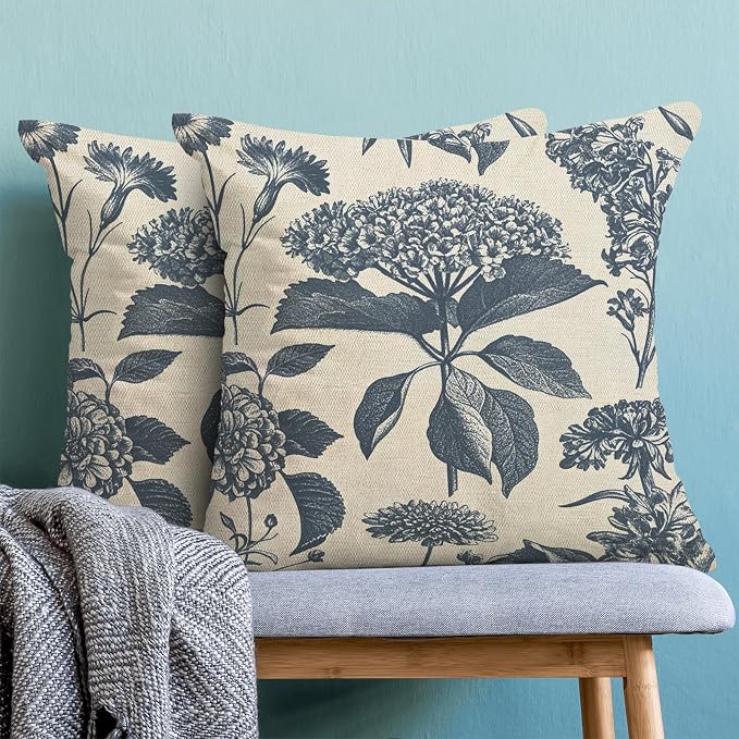 Floral Pillow Covers 20x20 Set of 2 Vintage Blue Hydrangea Herbs Botanical Throw Pillow Cover Outdoor Decoration Boho Flower Pillowcase Farmhouse Decorative Linen Cushion Case for Home Couch