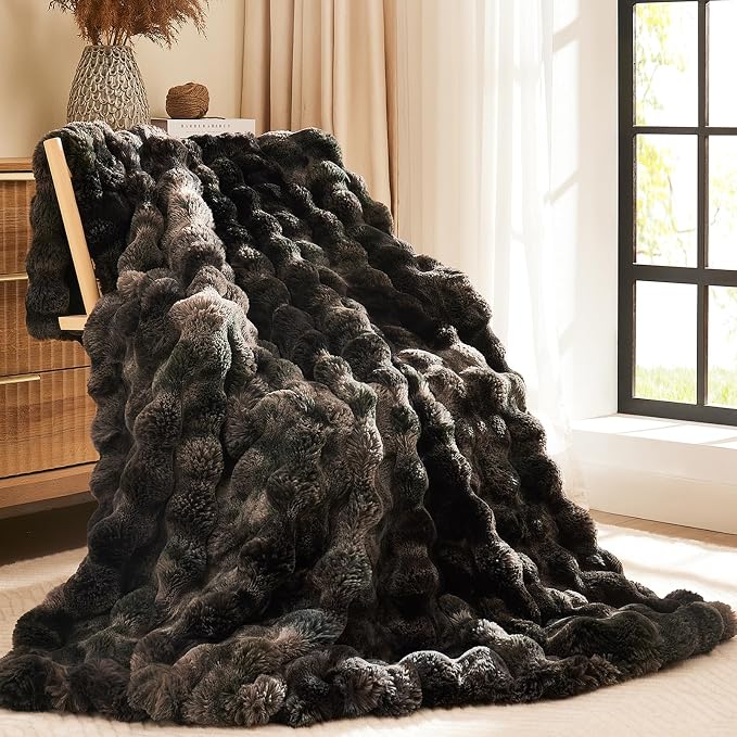 L'AGRATY Faux Rabbit Fur Throw Blanket for Couch, 50'' x 60'', Tie-Dye Gray | Soft Cozy Bubble Fluffy Blanket for Sofa Bed, Thick Warm Plush Fuzzy Throw for Room Home Decor, Luxury Gift for Women Mom