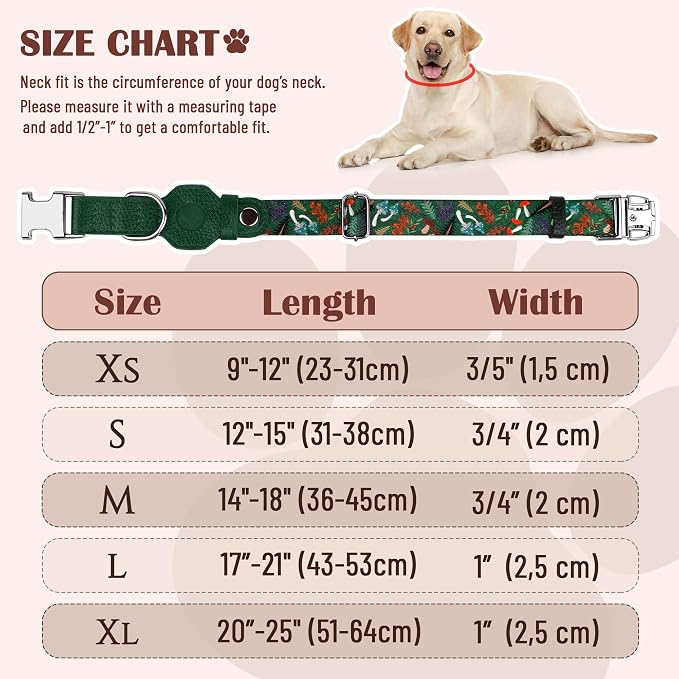 AirTag Dog Collar for Small Medium Large Breed - Adjustable Cute Pattern Dog Collar with Airtag Holder - Soft Leather Tracker GPS Apple Air Tag Pet Collars (Medium, 14"-18" Neck Fit, Mushroom)