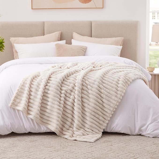 EXQ Home Fleece Throw Blanket for Couch or Bed - 3D Stripe Jacquard Decorative Blankets - Cozy Soft Lightweight Fuzzy Flannel Blanket Suitable for All Seasons(50"×60",Beige)