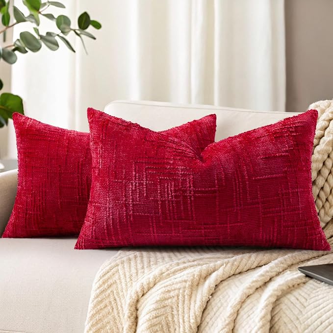 decorUhome Textured Chenille Throw Pillow Covers 12x20 Set of 2 Red | Fall Modern Farmhouse Soft Cozy Slubby Couch Pillow Cases Boho Decorative Pillow Cases for Bed Sofa Living Room Home Decor