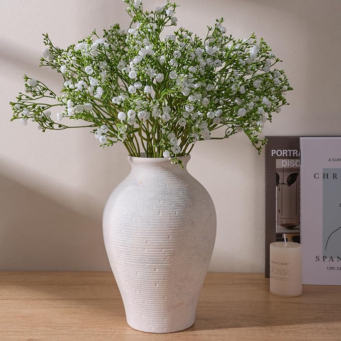 Ceramic Flower Vase Home Decor, 9 in Farmhouse Table Vase Rustic Vintage Living Room Kitchen Bedroom Pottery Decorative Vases for Flowers House Shelf Office Coffee Desk Dining Entryway Decor, White
