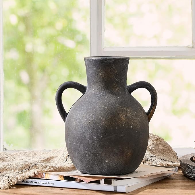 SIDUCAL Rustic Ceramic Farmhouse Flower Vase with 2 Handles, Terracotta Vase, Decorative Pottery Flower for Home Decor, Table, Wedding, Living Room, Shelf Decor, 7.3 Inch, Black Bronze