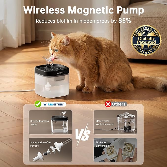 PAWGETHER® Cat Water Fountain with Wireless Pump 51oz/1.5L Dog Water Fountain, Ultra Quiet Automatic Pet Water Fountain Portable Indoor Outdoor Travel Small Dog Water Dispenser with Adapter Black