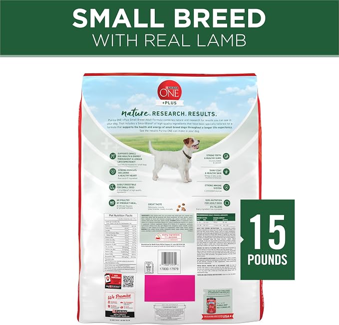 Purina ONE Plus Small Breed High Protein Dry Dog Food, Lamb, 15 lb Bag | Lamb & Rice Formula, natural kibble with a Smartblend of ingredients to support small dog health and energy