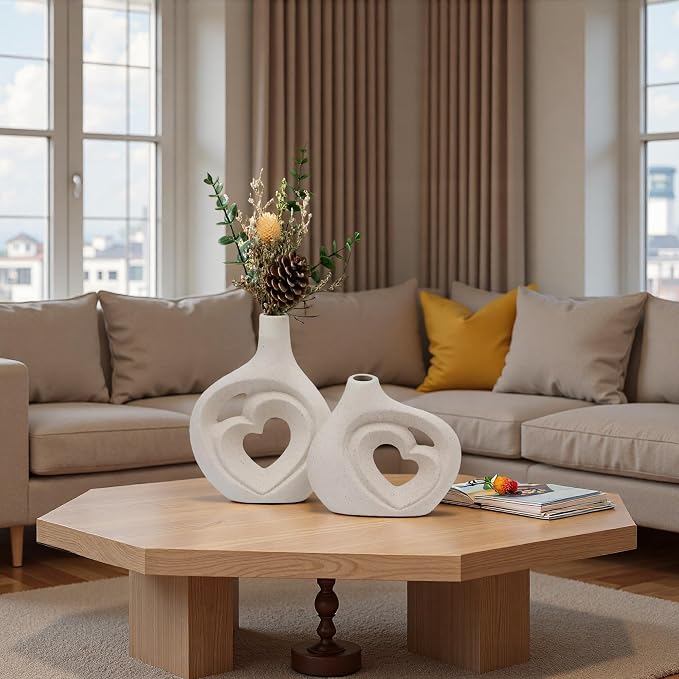 Cream White Ceramic Heart Shaped Vases Set of 2 | 8.5in Nordic Design, For Home Decor, Table Centerpiece, Wedding & Living Room, Bookshelf & Office & Entryway