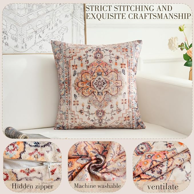 Boho Throw Pillow Covers 22x22 inch Set of 2,Boho Vintage Carpet Pattern Antique Ethnic Decor Double Sided Pattern Cushion Cover Soft Pillow Case Living Sofa Room Bed Square Pillow Cover