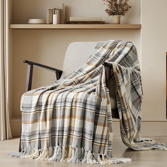 Plaid Chenille Knit Throw Blanket, 60"x80", Grey & Beige | Super Soft Knitted Throw with Tassels, Cozy, Decorative Farmhouse Plaid, Lightweight, Ideal for Couch Bed Gift Home Decor