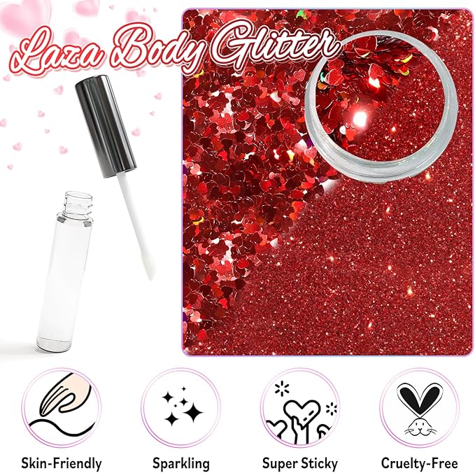 Laza 2 Jars Body Glitter for Valentine’s Day Hair Accessories Heart Glitter Chunky Sequins with Glitter Glue for Women Eyeshadow Makeup Face Paint Festival Rave Outfits Party Costumes - Crush