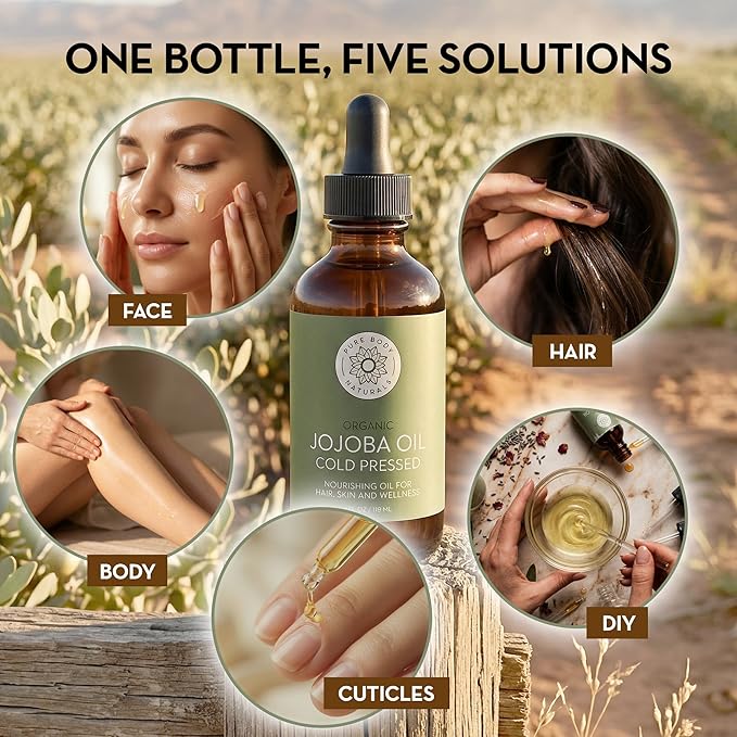 Pure Body Naturals Organic Jojoba Oil, 4 Fl Oz - 100% Pure, Organic, USA-Sourced, Cold Pressed Jojoba Oil for Skin, Face, Nails and Hair - Carrier Oil for Mixing Essential Oils