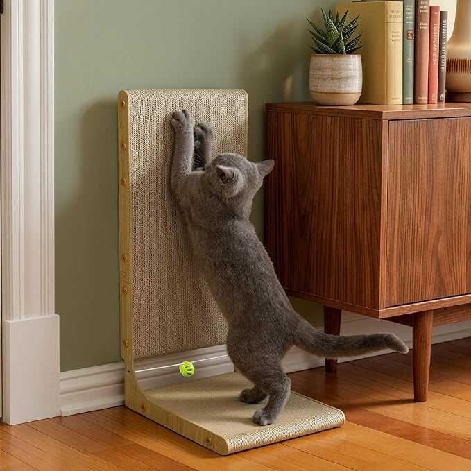 Conlun Cardboard L Shape Cat Scratcher 22"(2 Pack) | Vertical Wall-Leaning Scratching Board & Cosy Lounge Bed, Sofa Protector with Bell Toy,Wood Grain，Medium