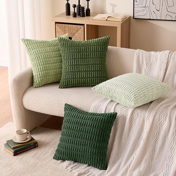 MIULEE Pack of 4 Decorative Throw Pillow Covers 20x20 Inch Forest Green | Neutral Rustic Farmhouse Boho Soft Striped Pillow Covers,Home Decor for Sofa,Living Room,Couch,Bed