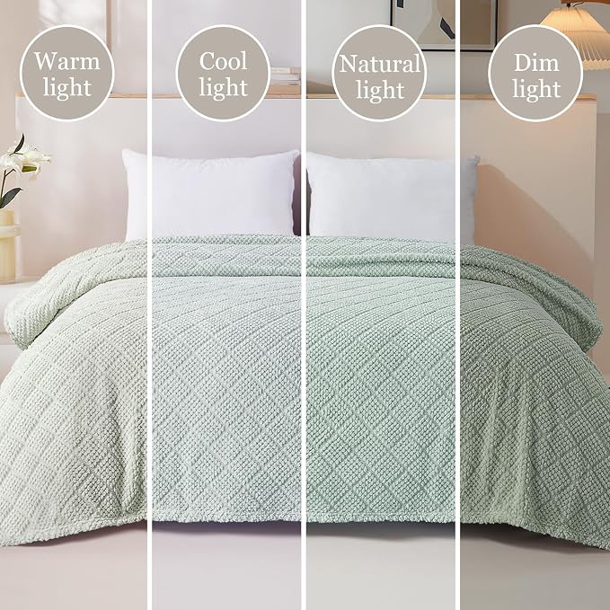 Whale Flotilla Soft Fleece King Size Blanket for Bed, Sage Green | Jacquard Waffle Blankets for Home Decor, Lightweight and Cozy, All Season Suitable, 90x104 Inch