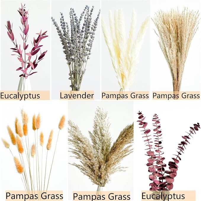 Fall Dried Flower Bouquet with Pampas Grass, Orange Bunny Tails, Lavender & Red Eucalyptus –Boho Fall Decor for Home, Vase, Porch & thanksgiving –Autumn Floral Arrangements for Fall Decorations Indoor