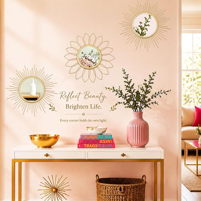 3 Pack Metal Mirrors for Wall Sunburst Wall Mirrors Home Décor Decorative Hanging Wall Art for Living Room Bedroom Entryway (Gold, Flower+Sunburst)