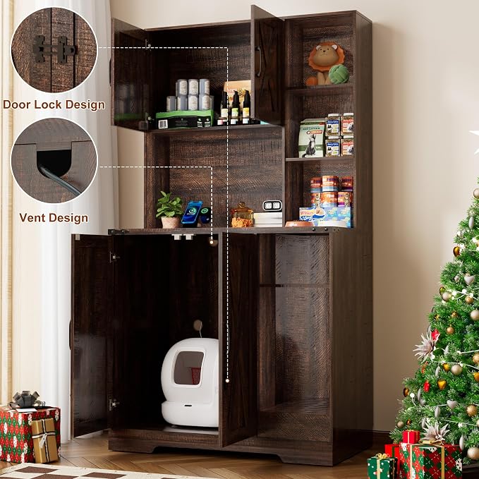 71Inches Tall Cat Litter Box Enclosure for Cats W/Power Outlets,Open Shelves.Wooden Pet Washroom Furniture W/Locks,Cabinet.Indoor Cats House,Hidden Cat Litter Box for Living Room,Bedroom(Brown-3)