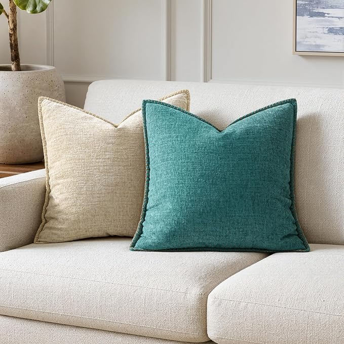 MIULEE Decorative Couch Throw Pillow Covers 16x16 Inch Teal 2 Pack | Farmhouse Pillow Covers with Stitched Edge, Soft Chenille Cushion Cases, for Sofa Bed Living Room Home Decor